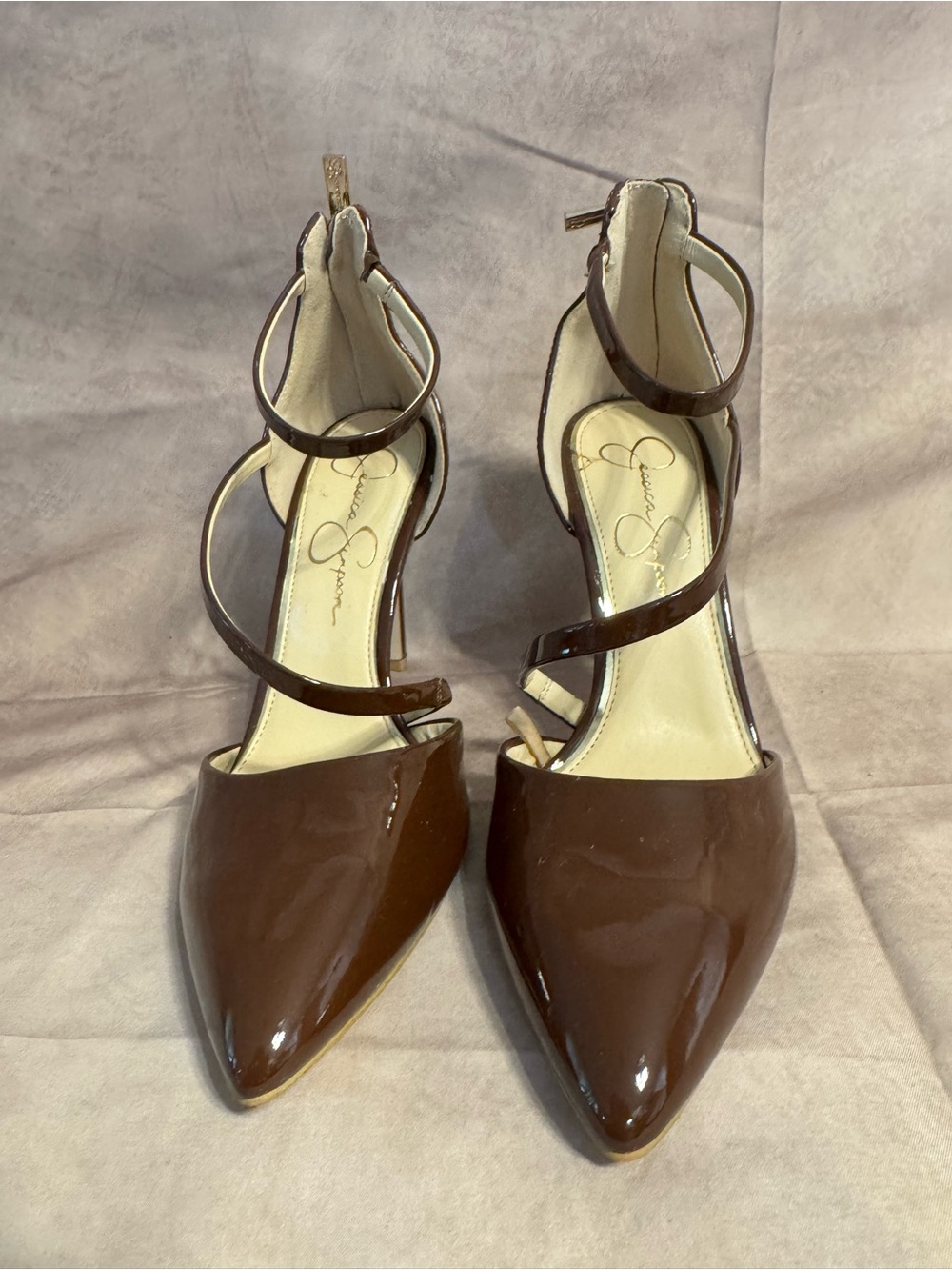 Jessica Simpson Brown Patent Pointed Toe Strappy Heels